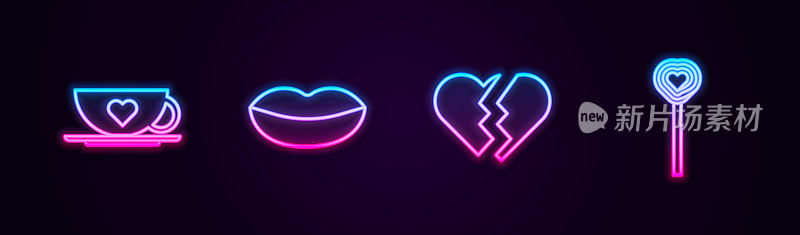 Set line Coffee cup and heart, Smiling lips, Broken and Lollipop. Glowing neon icon. Vector